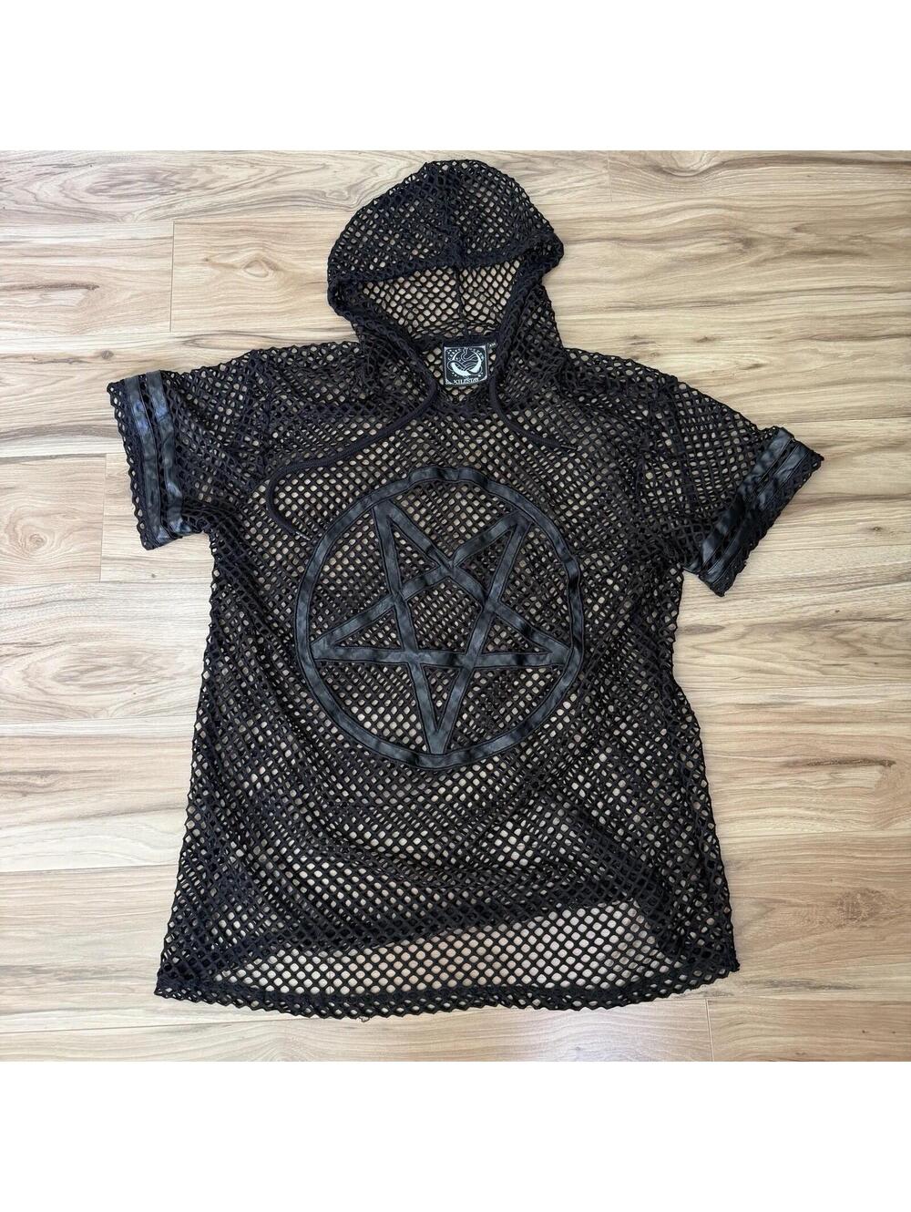 Killstar Carpe Noctem Black Mesh Hooded Top Pentagram Applique XXL Goth